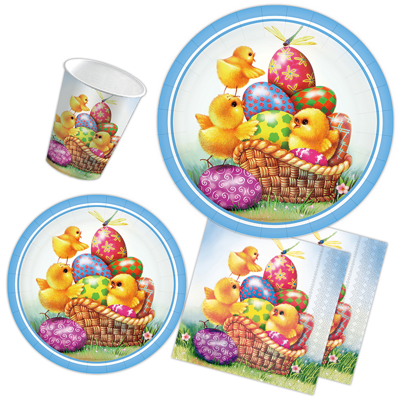 Full basket of Easter eggs and lovely chickens